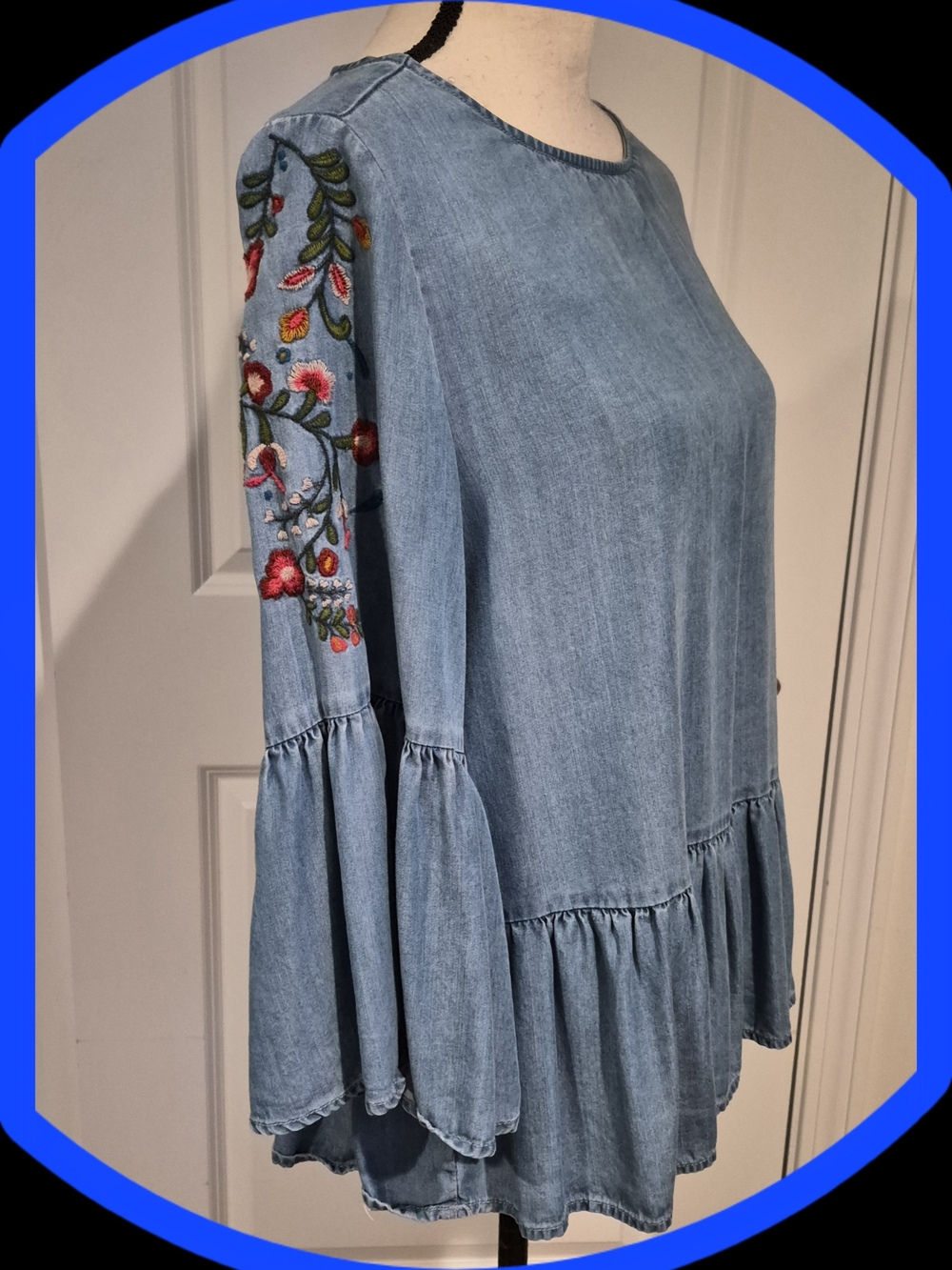 beachlunchlounge Blue Denim  Embroidered  Sleeveed Peplum Top w/Bell Sleeves